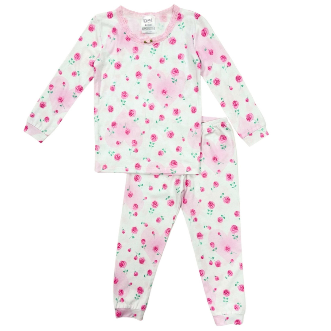 Esme Roses Long Sleeve Pajama Set in White MEEMS Meems